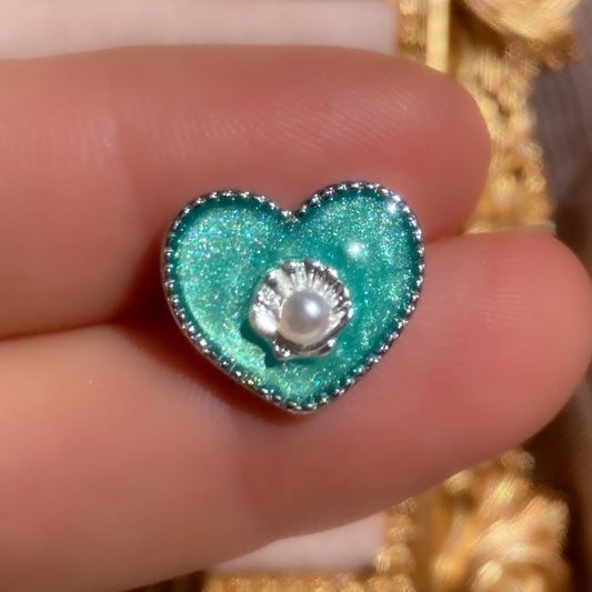 Mermaid Treasure Heart Stud Earrings | Azure Shell Glitter Crystal Heart