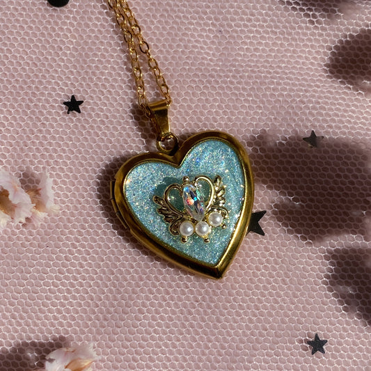 Midnight Wish Locket Necklace | Gold Heart Blue Glitter Photo Locket Gift For Her