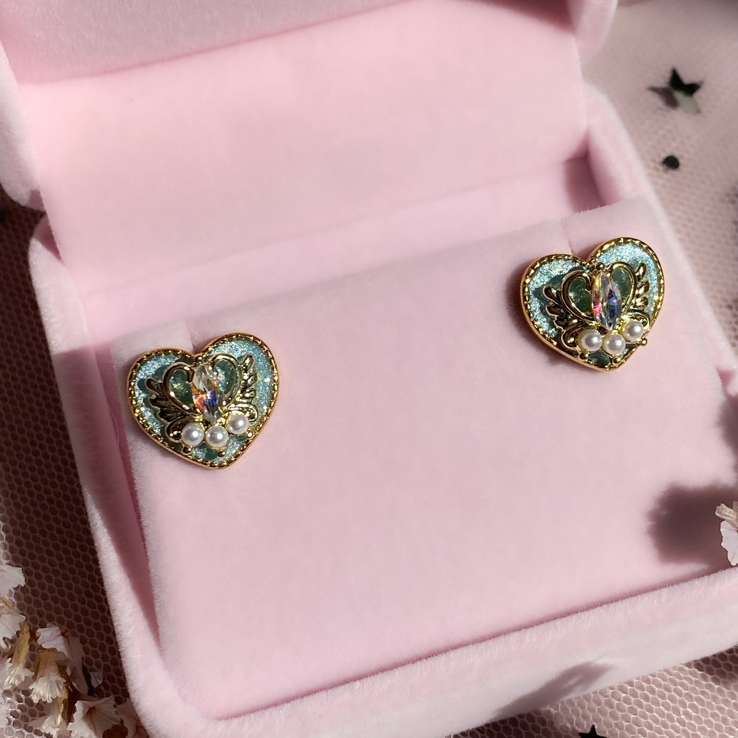 Midnight Wish Heart Stud Earrings | Light Blue Glitter Crystal Heart