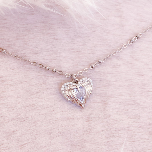 Guardian Angel Winged Heart Necklace - Crystal Heart Pendant with Zirconia | Gift for Her