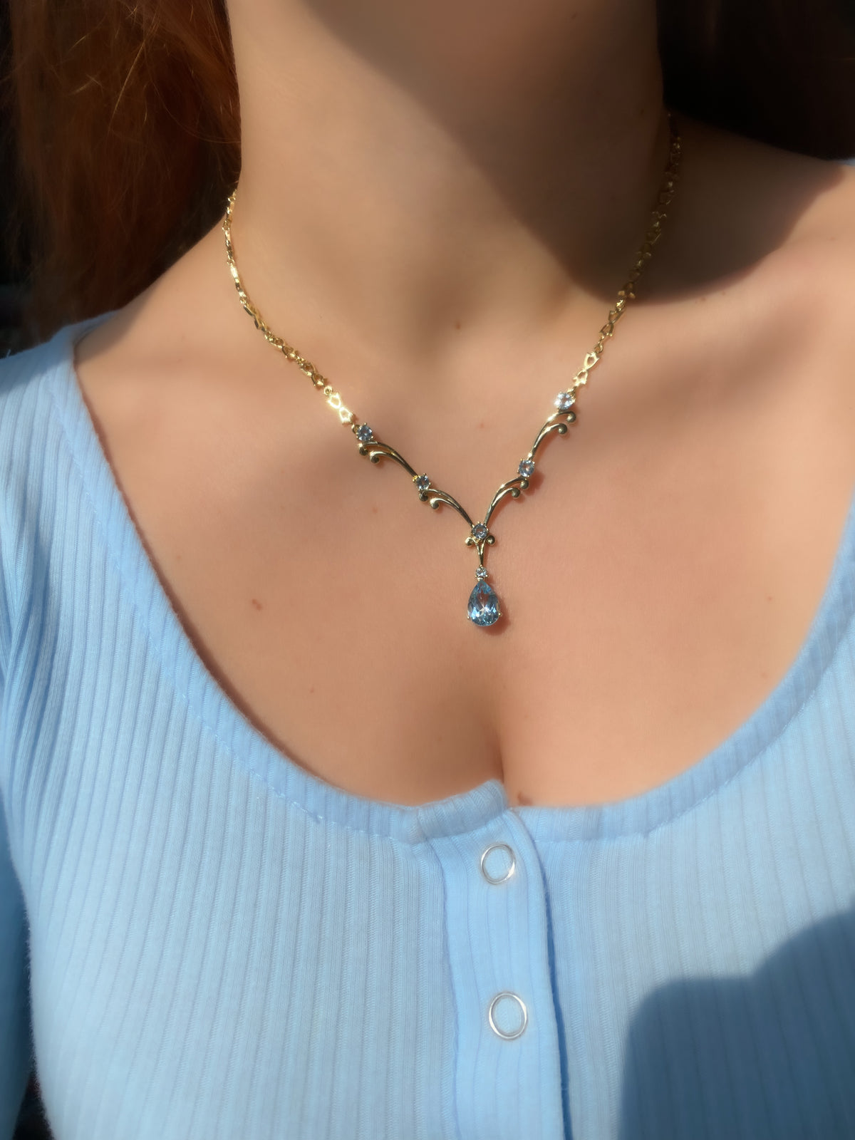 Ethereal Elven Tiara Necklace in gold with baby blue topaz
