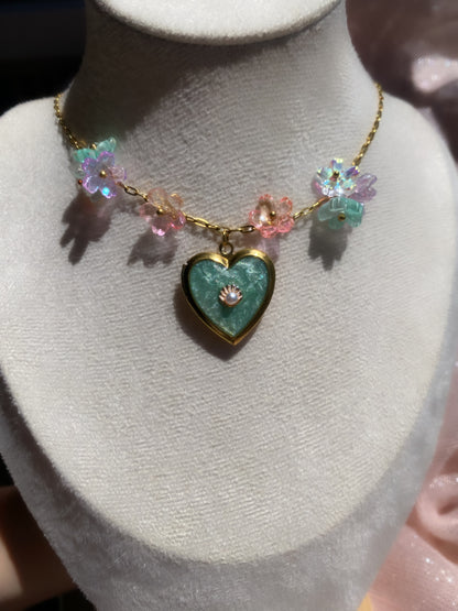 Mermaid Paradise Island Memory Locket | Azure Shell Glitter Crystal Heart Keepsake