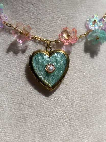 Mermaid Paradise Island Memory Locket | Azure Shell Glitter Crystal Heart Keepsake