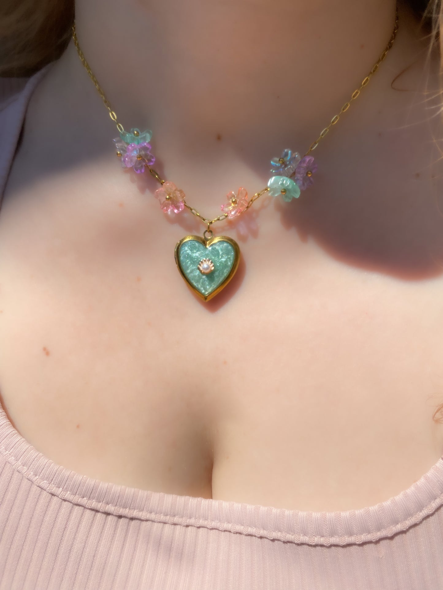 Mermaid Paradise Island Memory Locket | Azure Shell Glitter Crystal Heart Keepsake