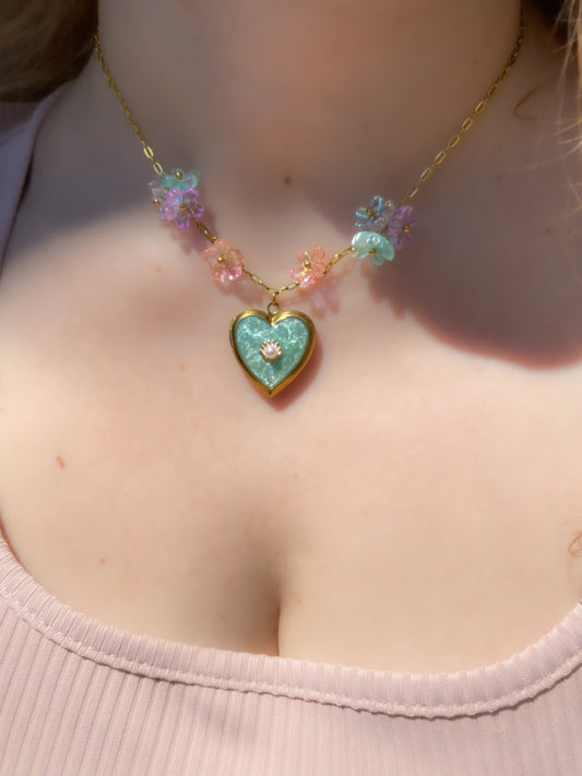 Mermaid Paradise Island Memory Locket | Azure Shell Glitter Crystal Heart Keepsake