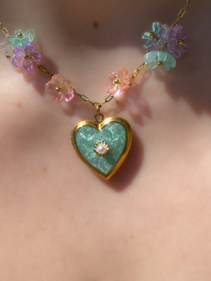 Mermaid Paradise Island Memory Locket | Azure Shell Glitter Crystal Heart Keepsake
