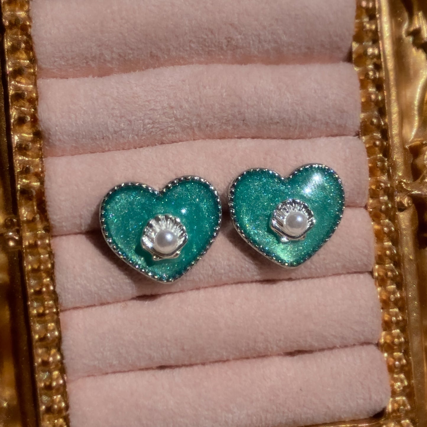 Mermaid Treasure Heart Stud Earrings | Azure Shell Glitter Crystal Heart