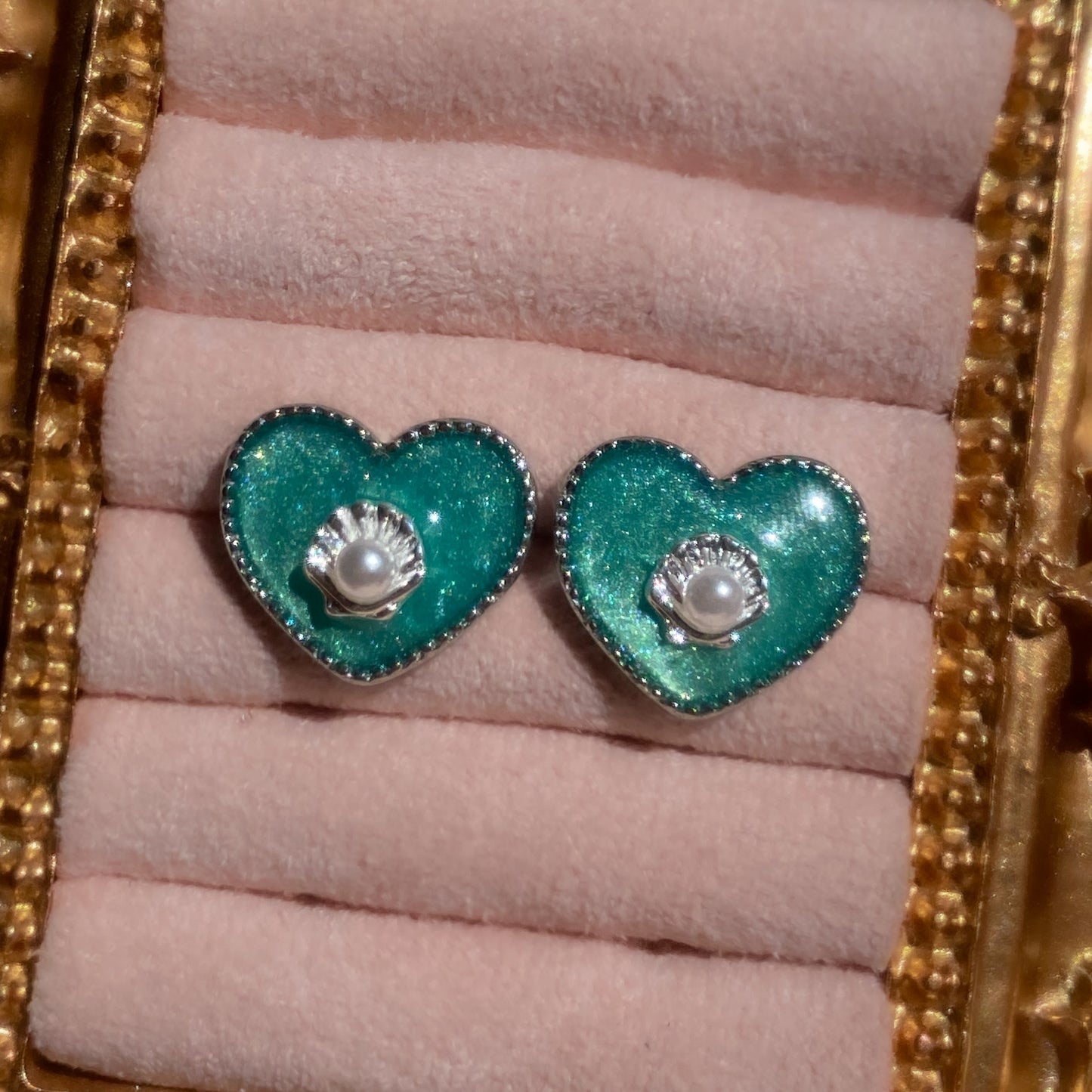Mermaid Treasure Heart Stud Earrings | Azure Shell Glitter Crystal Heart