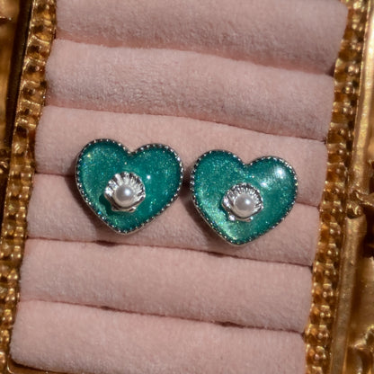 Mermaid Treasure Heart Stud Earrings | Azure Shell Glitter Crystal Heart