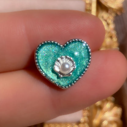 Mermaid Treasure Heart Stud Earrings | Azure Shell Glitter Crystal Heart