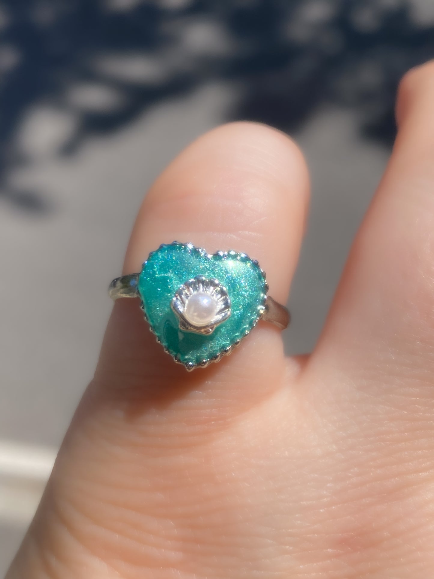 Mermaid Treasure Heart Rings | Azure Shell Glitter Crystal Heart