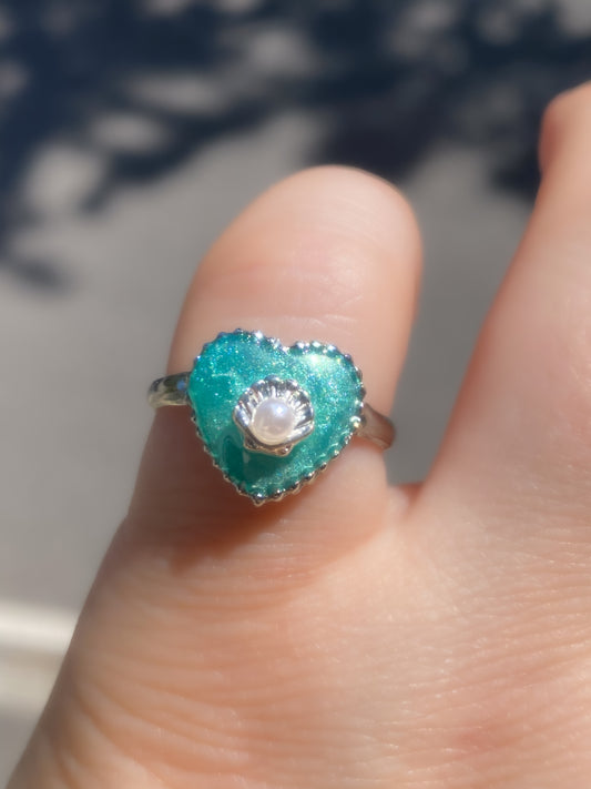 Mermaid Treasure Heart Rings | Azure Shell Glitter Crystal Heart