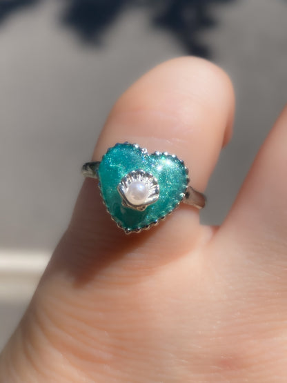 Mermaid Treasure Heart Rings | Azure Shell Glitter Crystal Heart