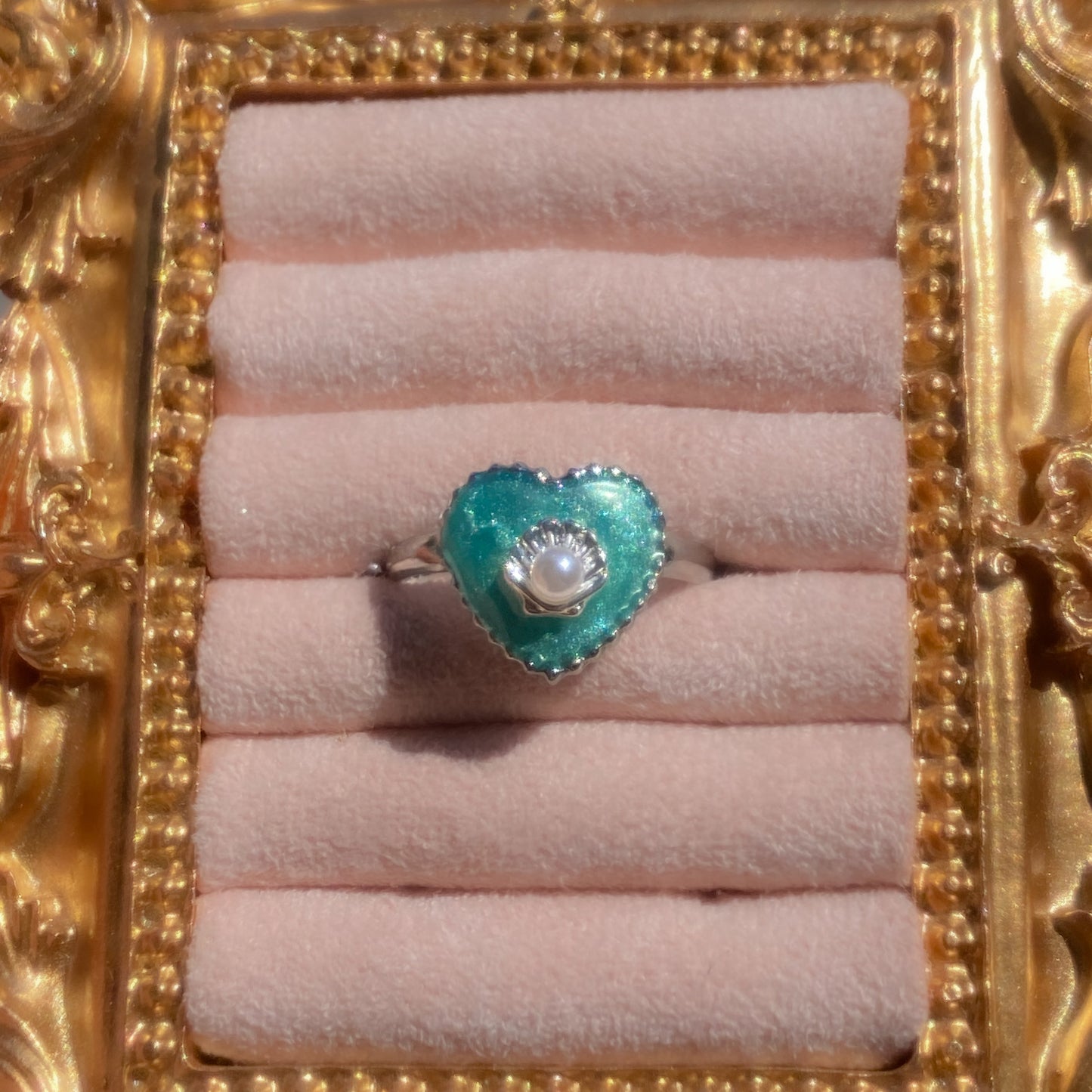 Mermaid Treasure Heart Rings | Azure Shell Glitter Crystal Heart