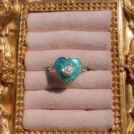 Mermaid Treasure Heart Rings | Azure Shell Glitter Crystal Heart