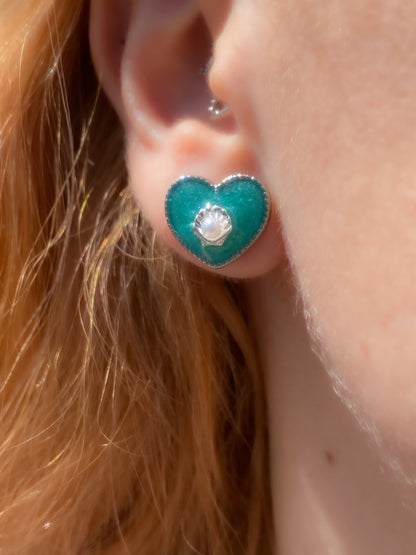 Mermaid Treasure Heart Stud Earrings | Azure Shell Glitter Crystal Heart