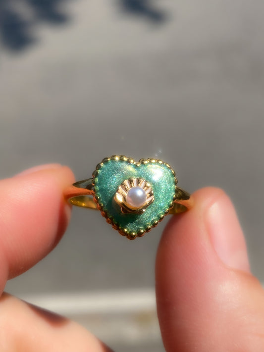 Mermaid Treasure Heart Ring | Azure Shell Glitter Crystal Heart