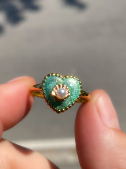 Mermaid Treasure Heart Ring | Azure Shell Glitter Crystal Heart