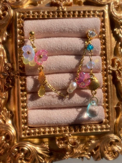 Mermaid Garden Double Earring | Ear Chain with Shells & Flowers