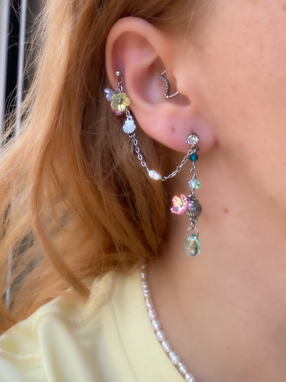 Mermaid Garden Double Earring | Ear Chain with Shells & Flowers