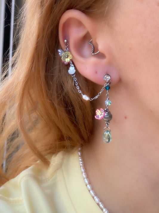 Mermaid Garden Double Earring | Ear Chain with Shells & Flowers