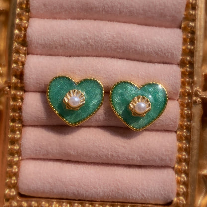 Mermaid Treasure Heart Stud Earrings | Azure Shell Glitter Crystal Heart