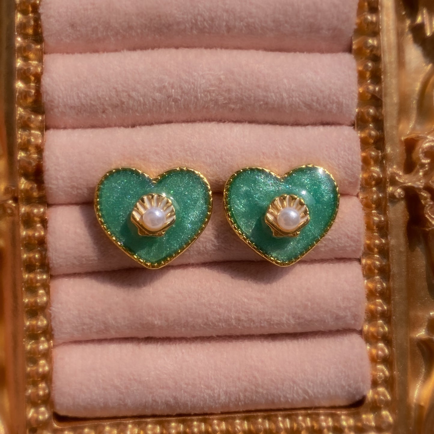 Mermaid Treasure Heart Stud Earrings | Azure Shell Glitter Crystal Heart