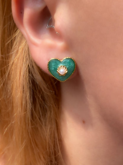 Mermaid Treasure Heart Stud Earrings | Azure Shell Glitter Crystal Heart