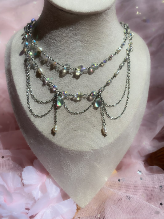 Ethereal Cascade Necklace | Iridescent Layered Fairy Pearl Choker