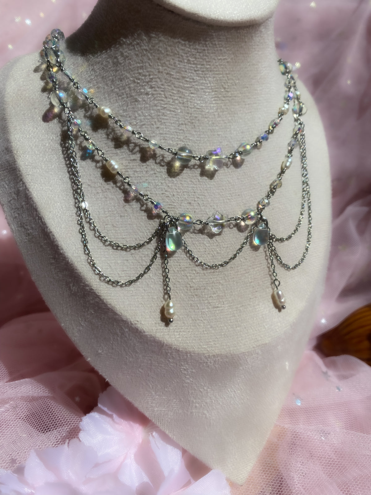 Ethereal Cascade Necklace | Iridescent Layered Fairy Pearl Choker