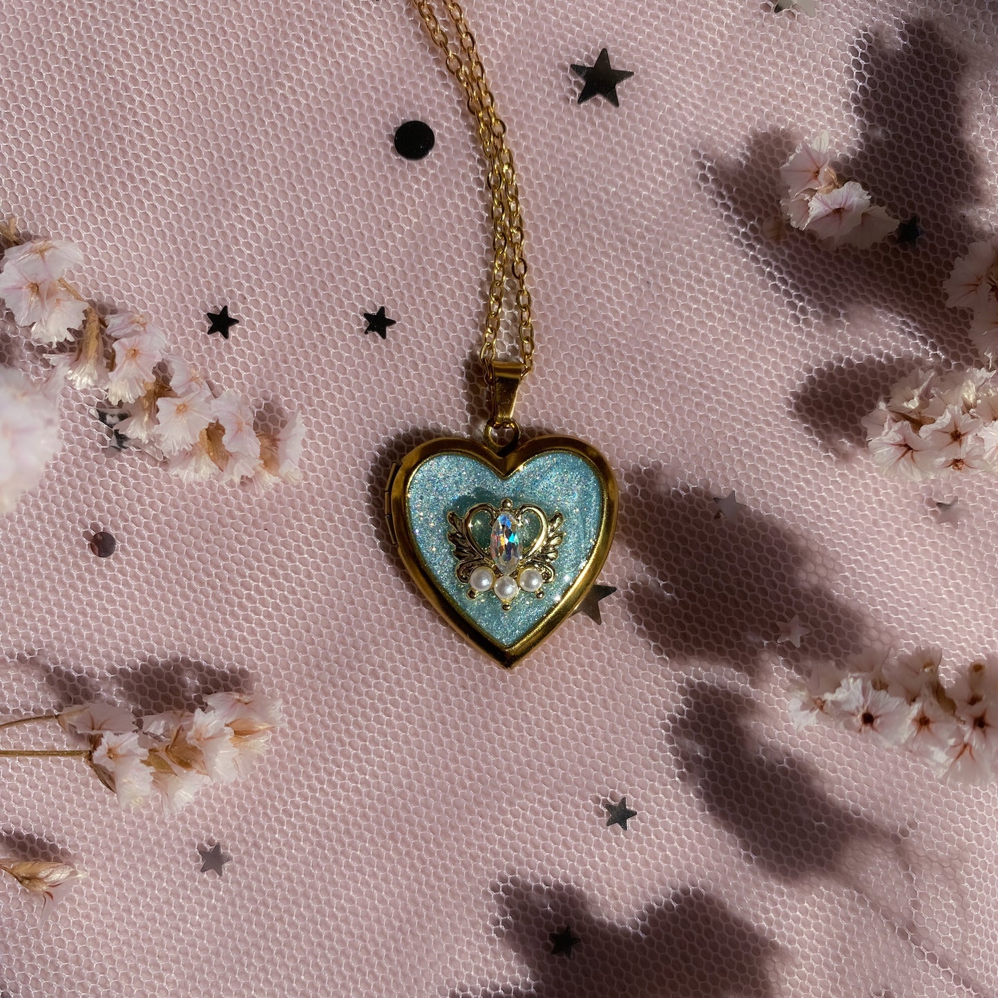 Midnight Wish Locket Necklace | Gold Heart Blue Glitter Photo Locket Gift For Her