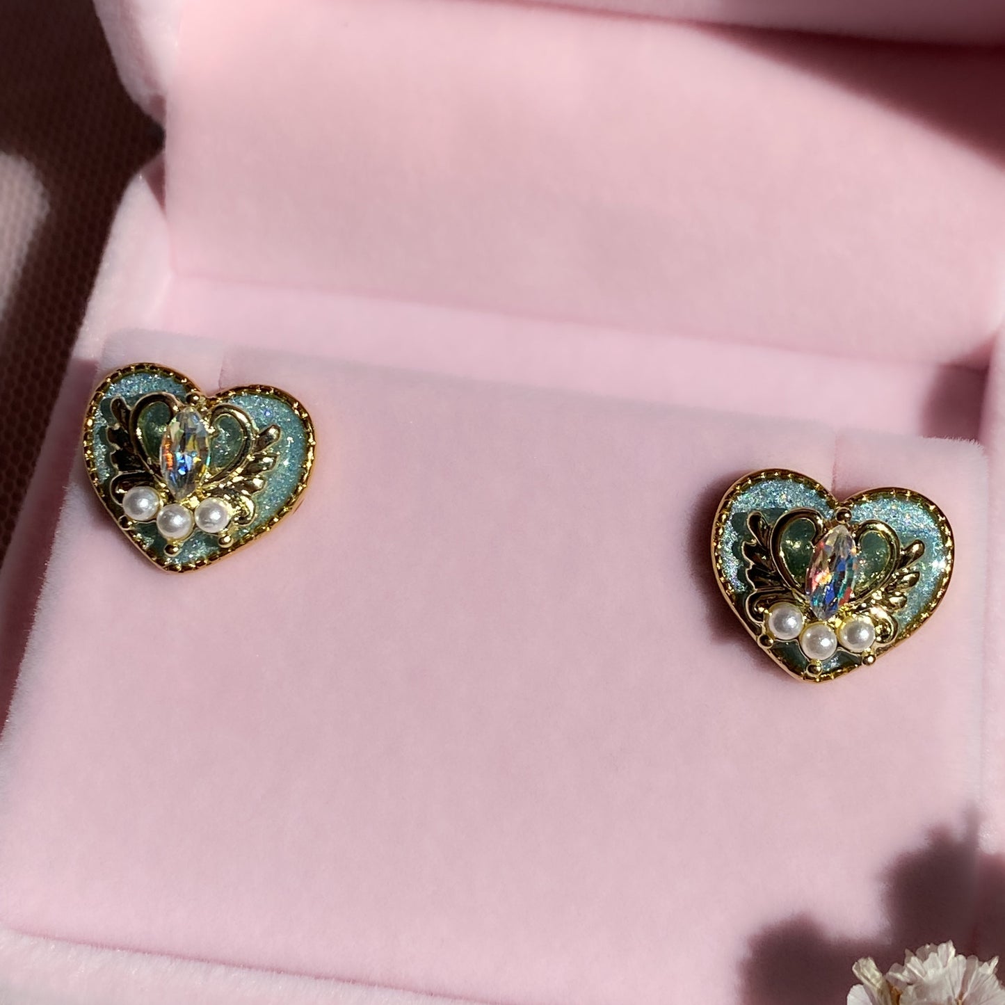 Midnight Wish Heart Stud Earrings | Light Blue Glitter Crystal Heart