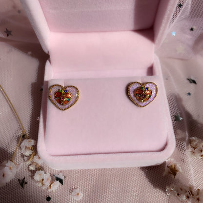 Moonbeam Wish Heart Stud Earrings | Pink Glitter Crystal Heart