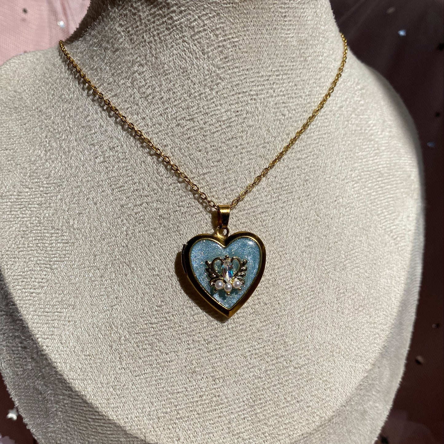 Midnight Wish Locket Necklace | Gold Heart Blue Glitter Photo Locket Gift For Her