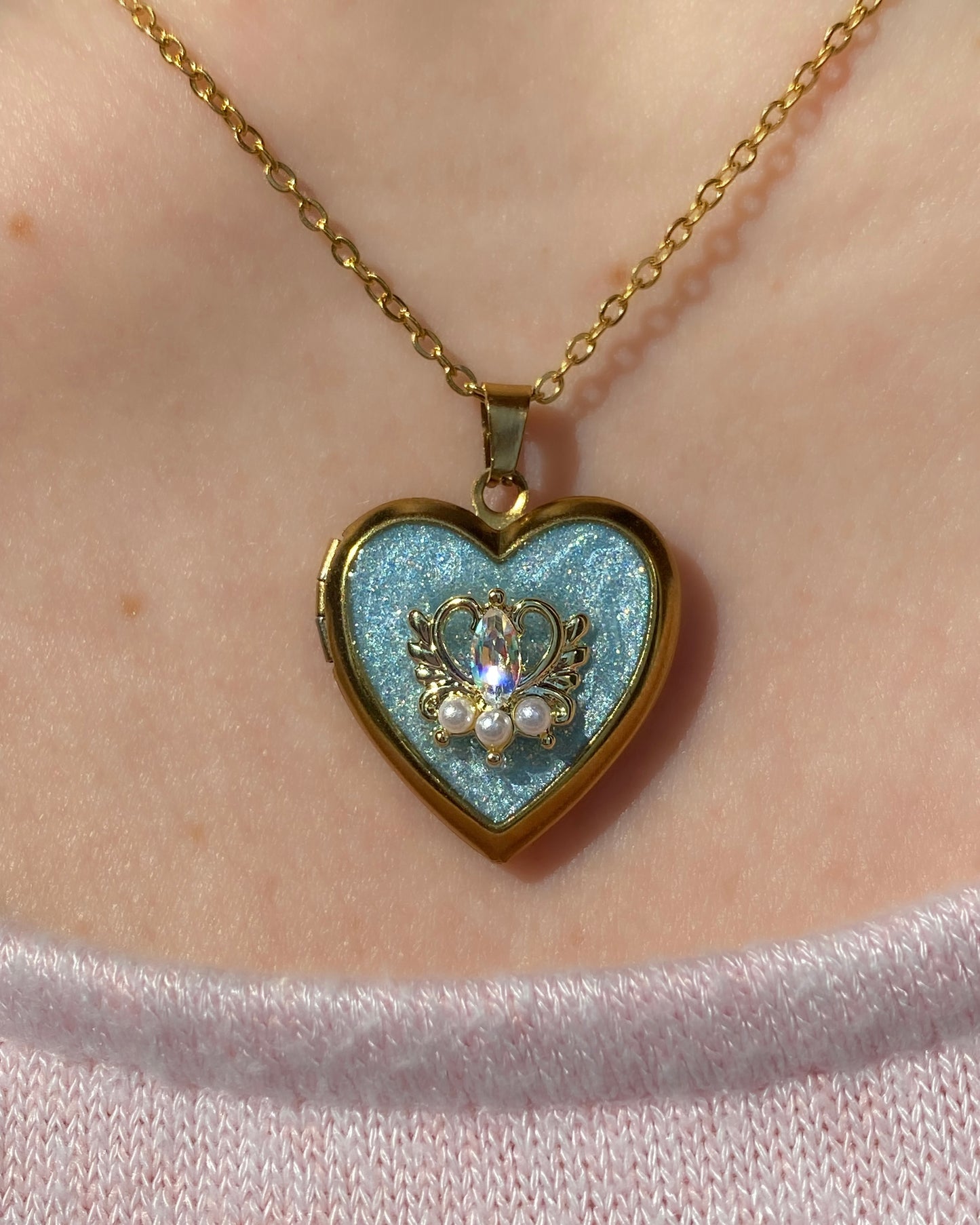 Midnight Wish Locket Necklace | Gold Heart Blue Glitter Photo Locket Gift For Her