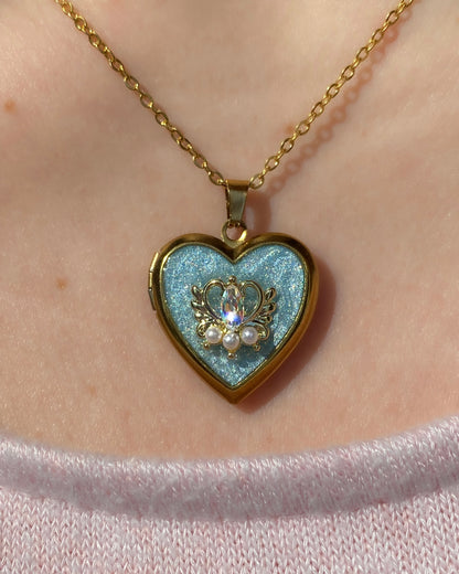 Midnight Wish Locket Necklace | Gold Heart Blue Glitter Photo Locket Gift For Her