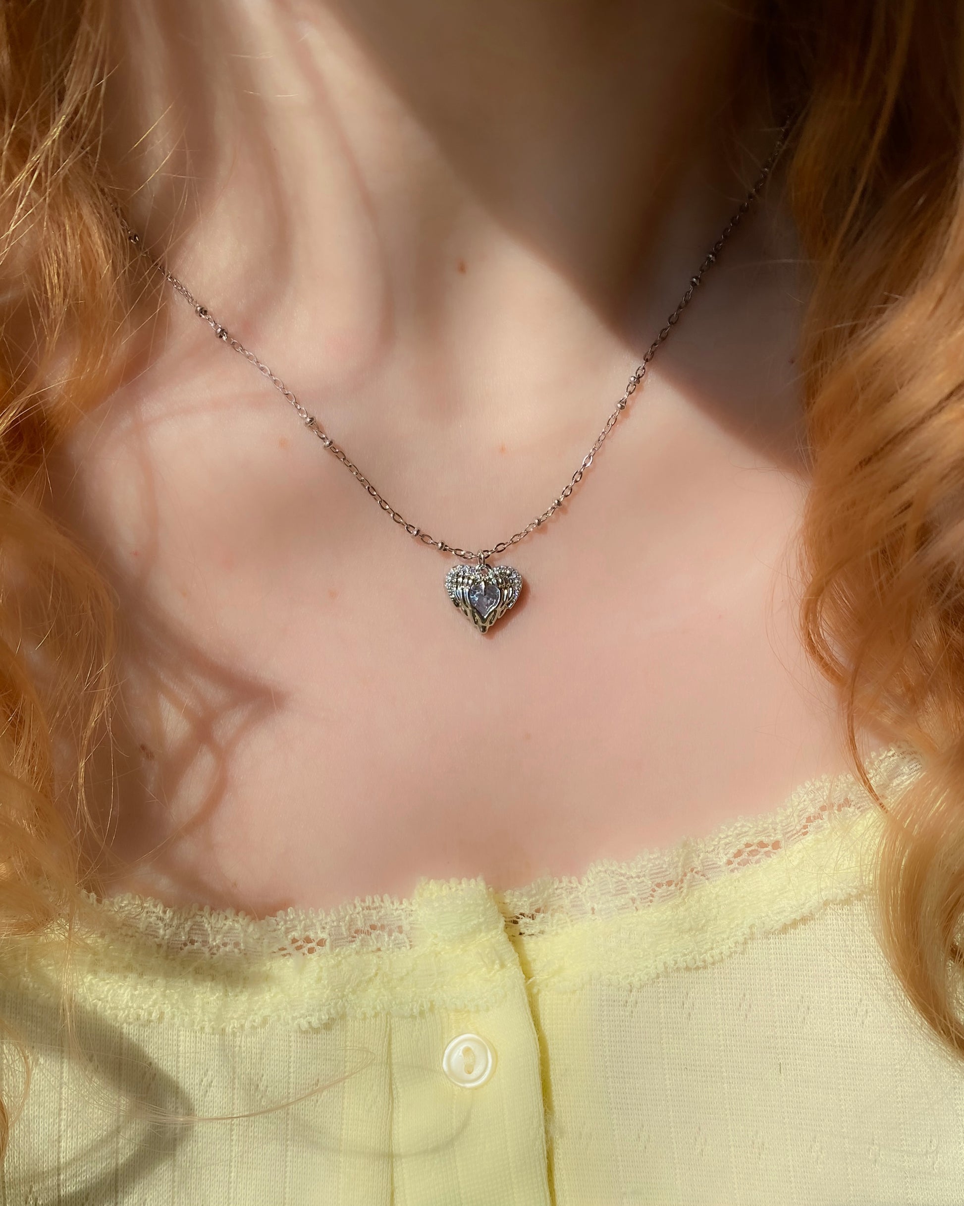 Guardian Angel Heart Necklace - Silver Crystal Wings Pendant