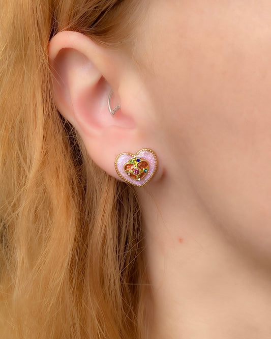 Moonbeam Wish Heart Stud Earrings | Pink Glitter Crystal Heart