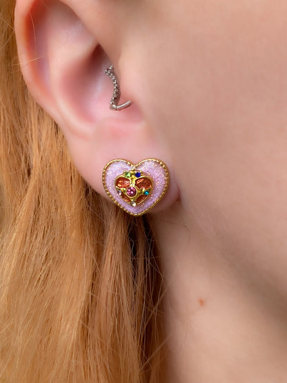 Moonbeam Wish Heart Stud Earrings | Pink Glitter Crystal Heart