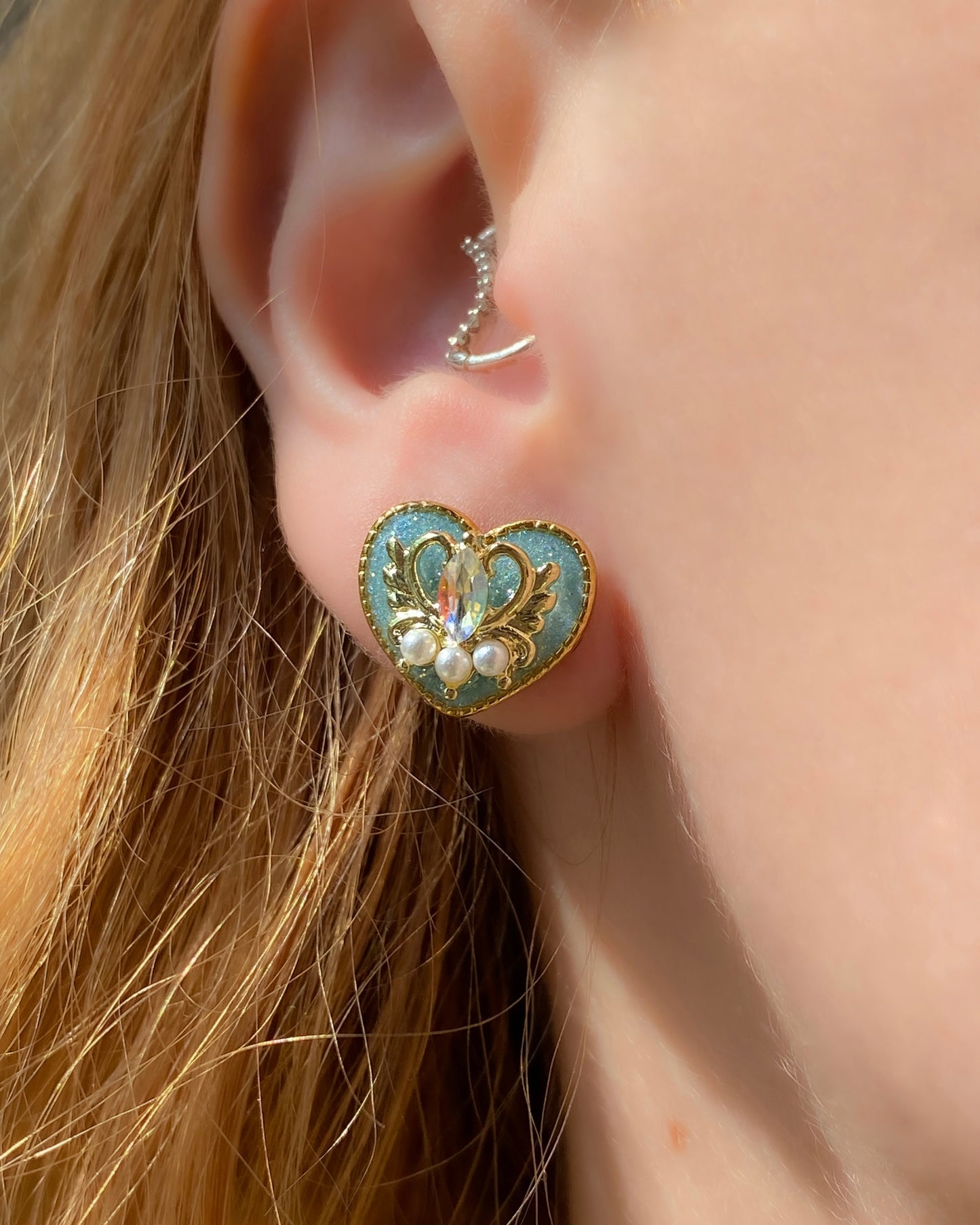Midnight Wish Heart Stud Earrings | Light Blue Glitter Crystal Heart