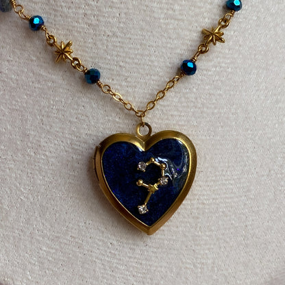 Gold Starry Night Zodiac Memory Locket Necklace | Heart Photo Locket