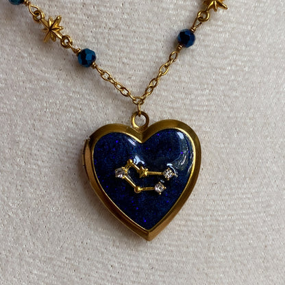 Gold Starry Night Zodiac Memory Locket Necklace | Heart Photo Locket