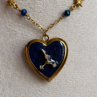 Gold Starry Night Zodiac Memory Locket Necklace | Heart Photo Locket