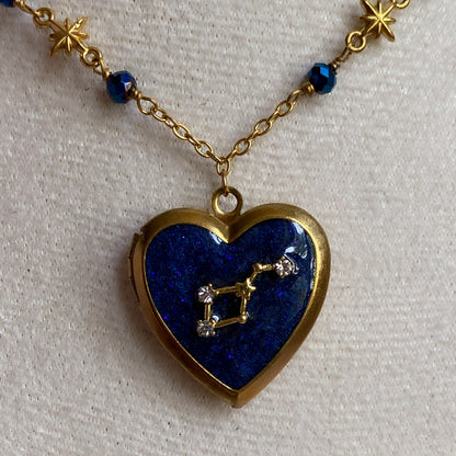 Gold Starry Night Zodiac Memory Locket Necklace | Heart Photo Locket