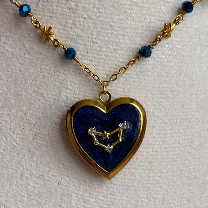 Gold Starry Night Zodiac Memory Locket Necklace | Heart Photo Locket