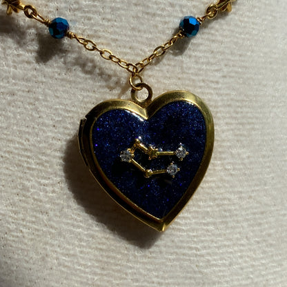 Gold Starry Night Zodiac Memory Locket Necklace | Heart Photo Locket