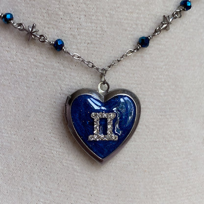 Silver Starry Night Zodiac Memory Locket Necklace | Heart Photo Locket