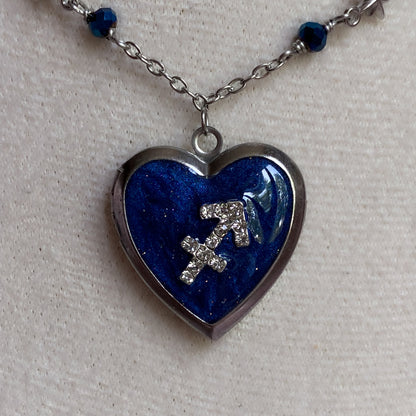 Silver Starry Night Zodiac Memory Locket Necklace | Heart Photo Locket