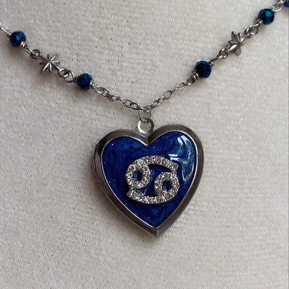 Silver Starry Night Zodiac Memory Locket Necklace | Heart Photo Locket