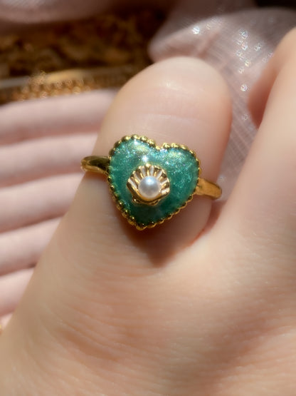Mermaid Treasure Heart Ring | Azure Shell Glitter Crystal Heart